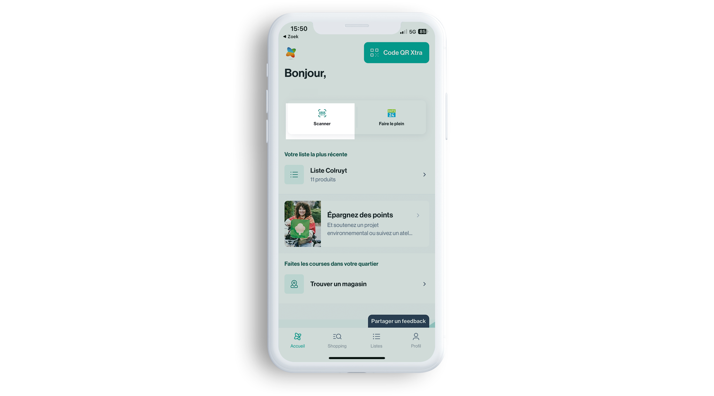 Capture d’écran de l’app Xtra qui illustre l’endroit où vous pouvez scanner votre produit pour en découvrir le Nutri-Score et l’Éco-score.