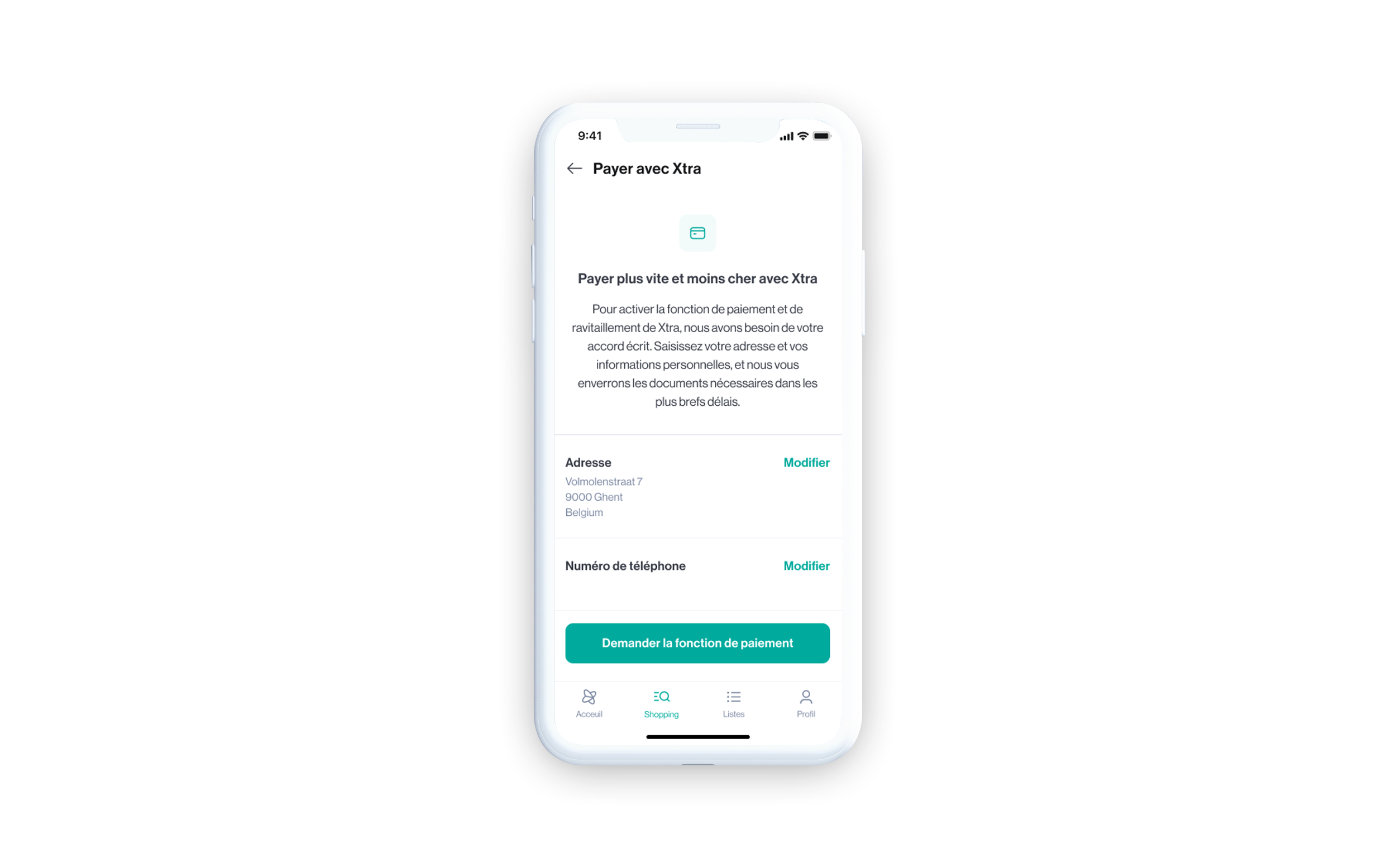 Capture d’écran illustrant comment activer fonction de paiement mobile dans l’app Xtra.