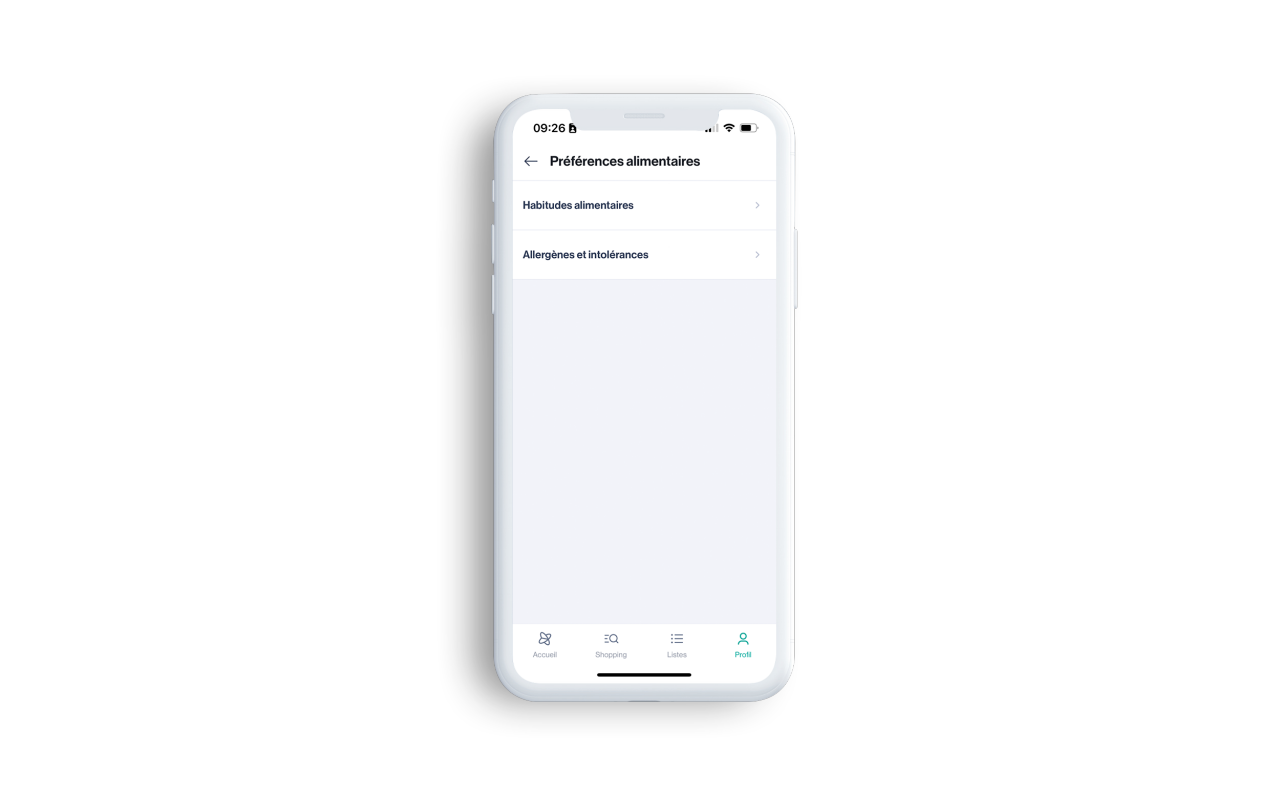 Capture d’écran des options « Habitudes alimentaires » et « Allergènes et intolérances » de la fonction « Préférences alimentaires » de l’app Xtra. 
