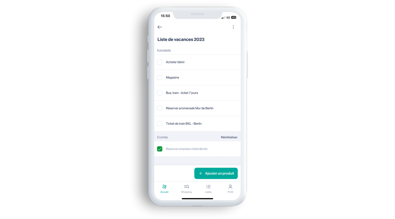 Capture d’écran des listes de l’app Xtra, qui vous aident aussi à préparer vos vacances. Créez vos listes de courses et vos listes de tâches à accomplir sur l’app Xtra.