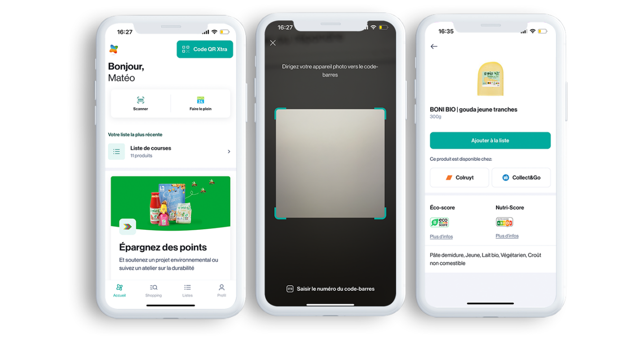 Capture de l’écran d’accueil de l’app Xtra où vous pouvez consulter l’Éco-score en scannant un produit. Les points que vous récoltez vous permettent de soutenir des projets environnementaux.