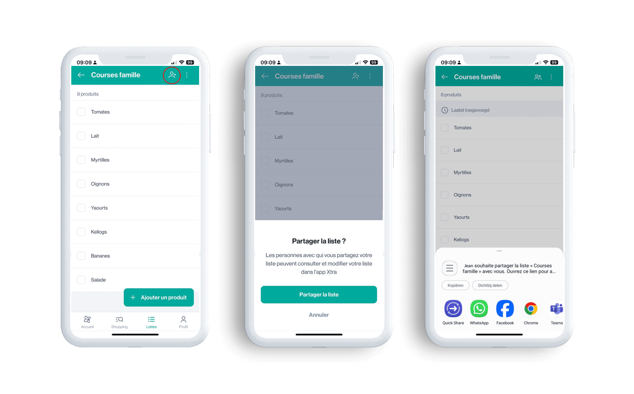 Capture d'écran de l'application Xtra avec les étapes pour partager votre liste de courses.