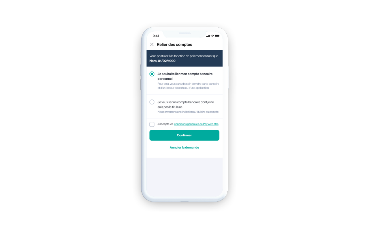 Capture d’écran de l’app Xtra montrant où relier votre compte bancaire pour effectuer des paiements en ligne dans les magasins de nos partenaires Xtra.