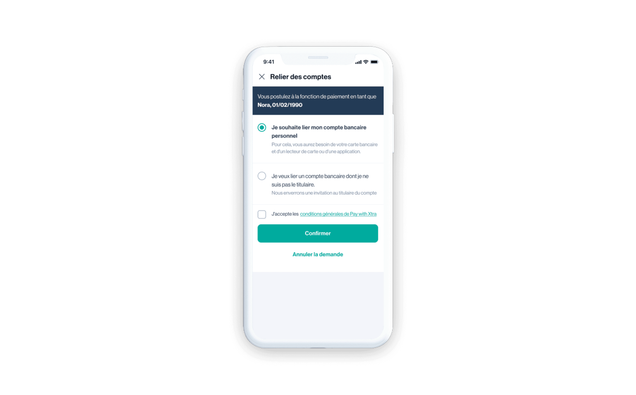 Capture d’écran de l’app Xtra montrant où relier votre compte bancaire pour effectuer des paiements en ligne dans les magasins de nos partenaires Xtra.