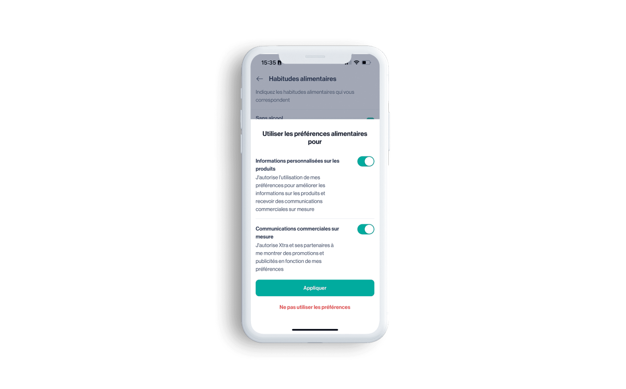 Illustration de l’app Xtra et plus précisément de la fonction « Préférences alimentaires » où votre autorisation est demandée afin de vous envoyer des communications commerciales sur mesure.